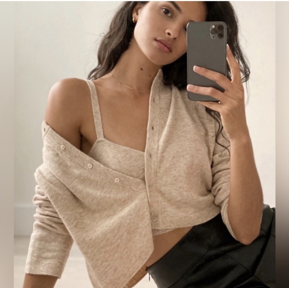 NWT WILFRED Sicily Set Cardigan Bustier Tank Top Heather Tannin Aritzia